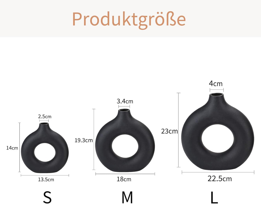 CEMABT Black Donut Vase Hollow Ceramic Vase for Flowers Handmade Minimalist Boho ins Style Modern Home Decor for Wedding Dinner Table Party Living Room Office Bedroom（M