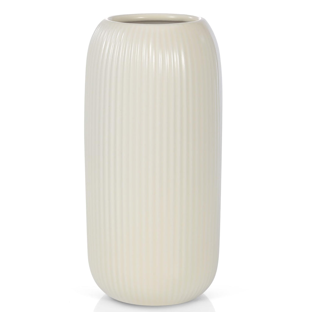 Ceramic Vase for Flowers – Modern Small Ribbed Textured Flower Vase for Home Decor, Pampas Grass, Decorative, Farmhouse, Coffee Table, Kitchen Centerpieces, Bookshelf and Home Living (White)