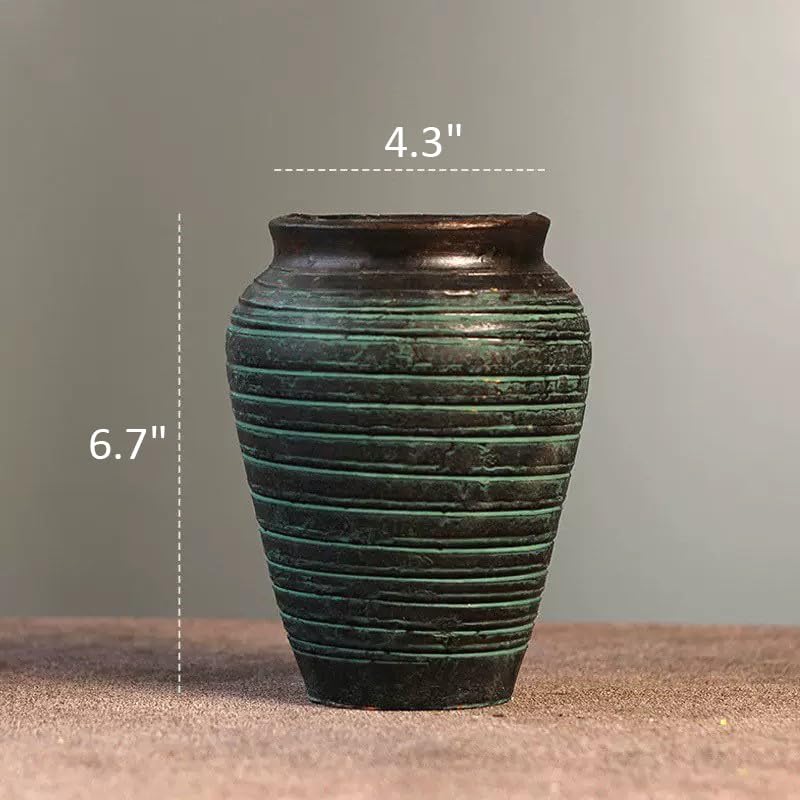Handmade Rustic Ceramic Flower Vase, Classic Farmhouse Vases for Home Living Room Bedroom Office Table Kitchen Shelf Decor (Green)