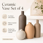 Ceramic Vase Set of 4 – Handmade Modern Minimalist Vases for Dried or Fresh Flowers, Matte Decorative Neutral Vases for Living Room, Table, Shelf & Entryway
