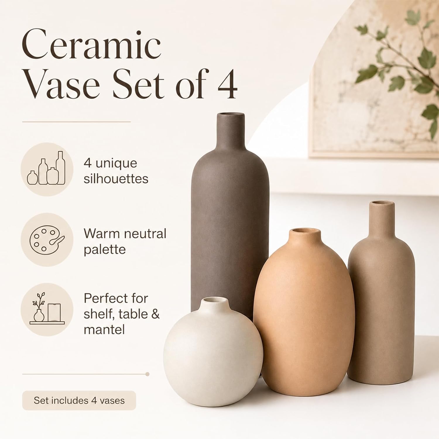 Ceramic Vase Set of 4 – Handmade Modern Minimalist Vases for Dried or Fresh Flowers, Matte Decorative Neutral Vases for Living Room, Table, Shelf & Entryway