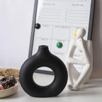 CEMABT Black Donut Vase Hollow Ceramic Vase for Flowers Handmade Minimalist Boho ins Style Modern Home Decor for Wedding Dinner Table Party Living Room Office Bedroom（M