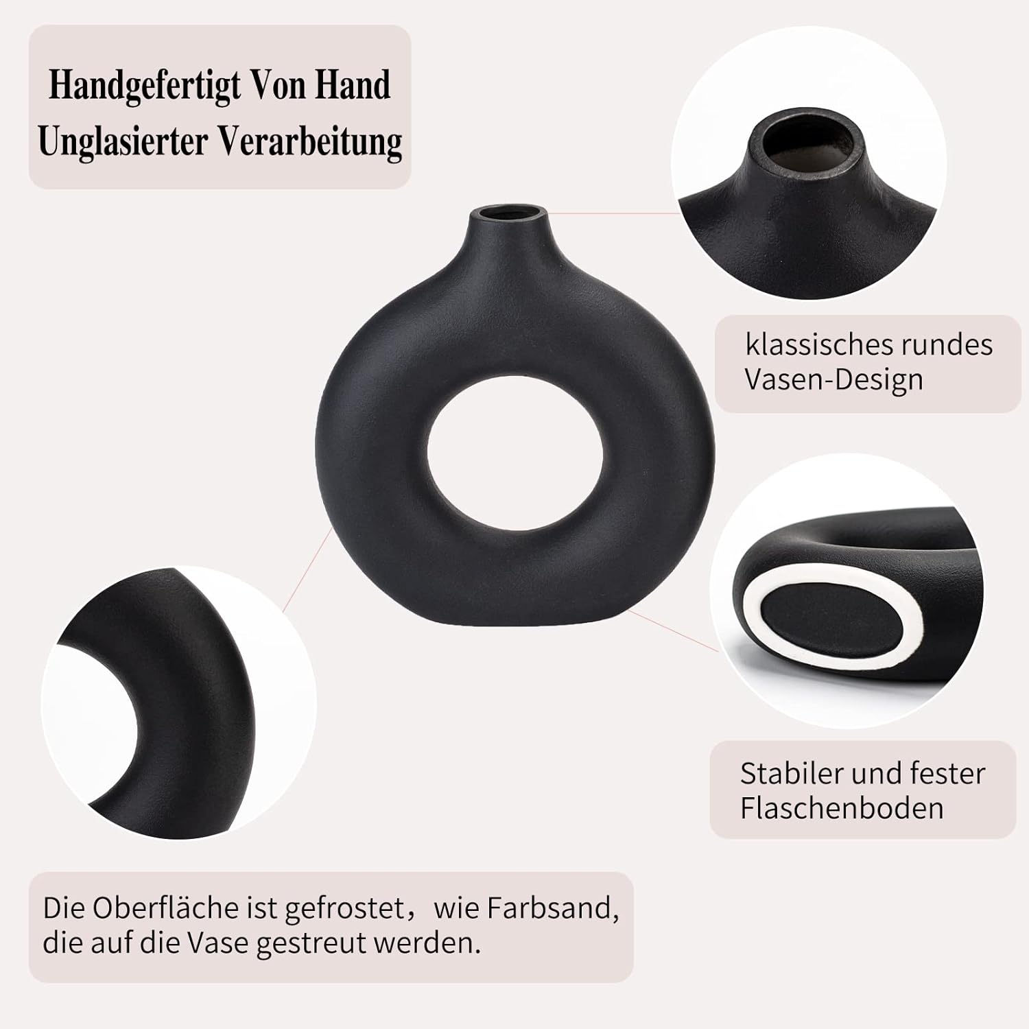 CEMABT Black Donut Vase Hollow Ceramic Vase for Flowers Handmade Minimalist Boho ins Style Modern Home Decor for Wedding Dinner Table Party Living Room Office Bedroom（M