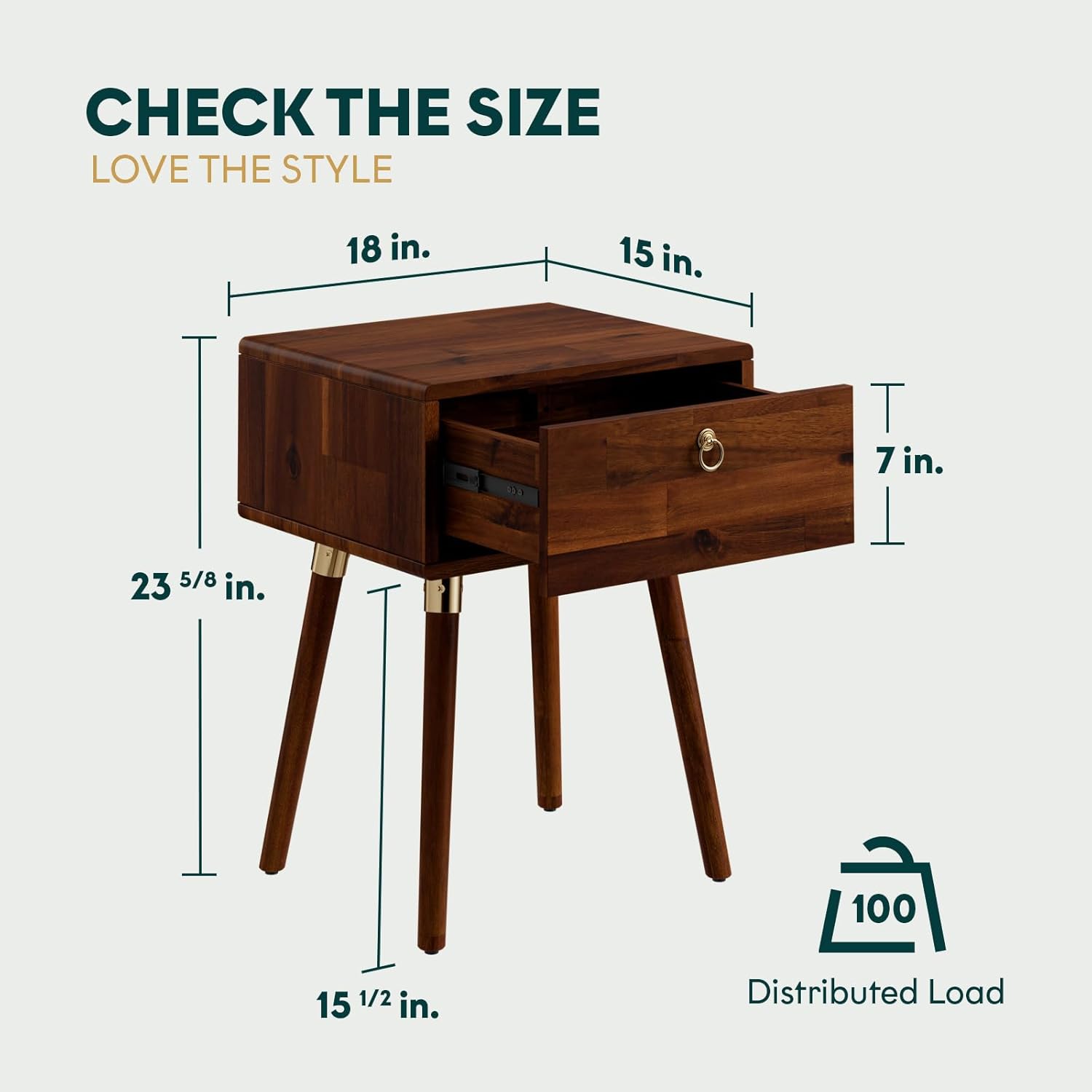 Bme Alden Solid Wood Nightstand/Side Table/End Table, Fully Assembled, with 1-Drawer for Mid Century Bedroom and Living Room, (12mm), Dark Chocolate