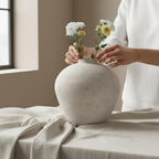 Handemade Large Round Vase for Centerpieces, White Rustic Vase Farmhouse Decor, Distressed Textured for Home Decorations, Earthy Room Decor Aesthetic, Stone Look Ceramic Clay Pottery, 9 inch