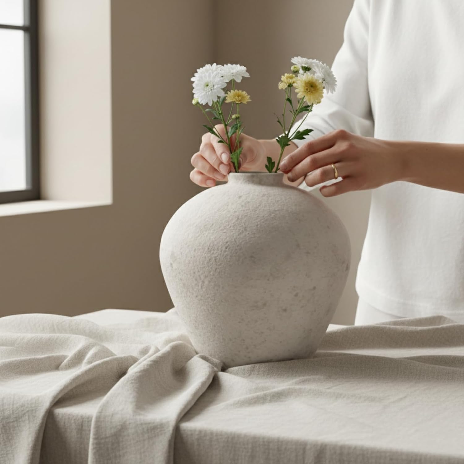 Handemade Large Round Vase for Centerpieces, White Rustic Vase Farmhouse Decor, Distressed Textured for Home Decorations, Earthy Room Decor Aesthetic, Stone Look Ceramic Clay Pottery, 9 inch
