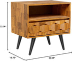 Bme Georgina Solid Wood Nightstand With 1 Drawer & Open Shelf- Fully Assembled Mid Century Modern Side Table - Geometric Pattern Bedside Dresser for Bedroom and Living Room