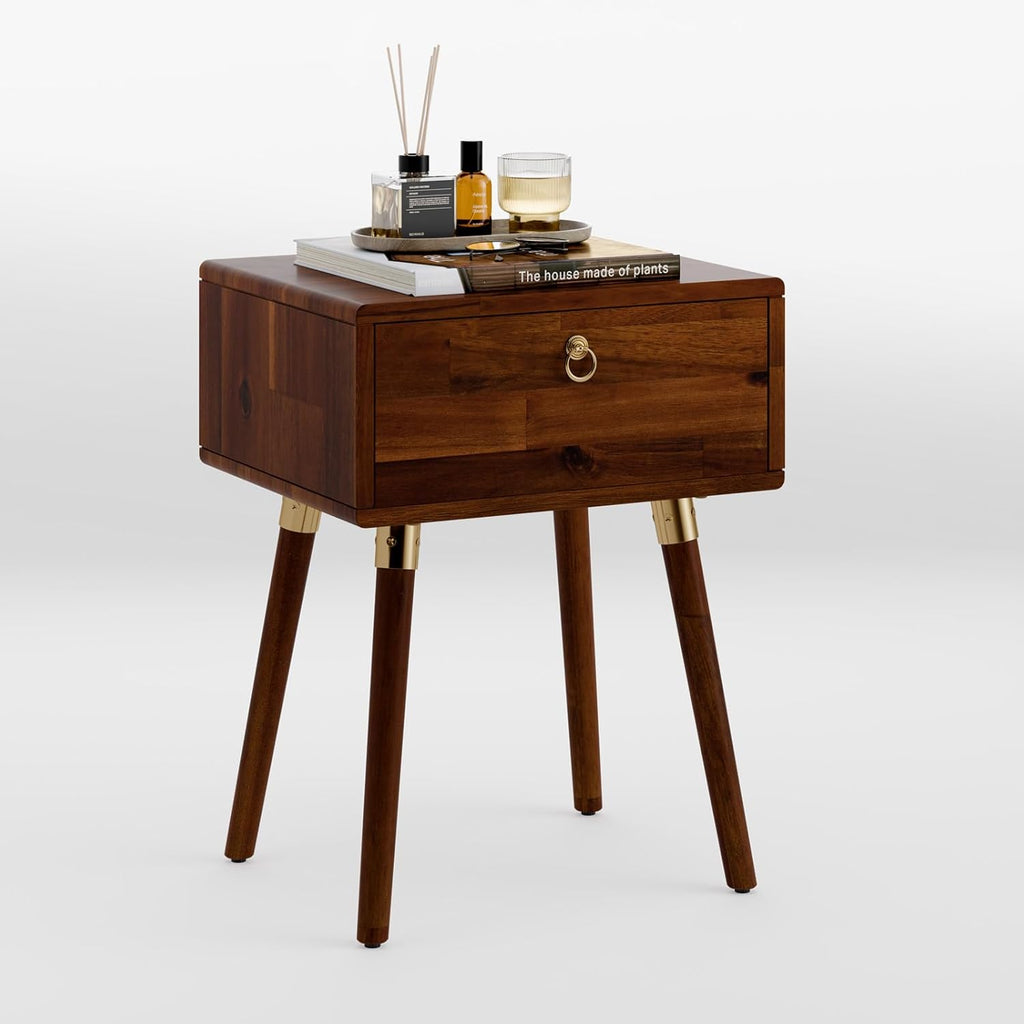 Bme Alden Solid Wood Nightstand/Side Table/End Table, Fully Assembled, with 1-Drawer for Mid Century Bedroom and Living Room, (12mm), Dark Chocolate