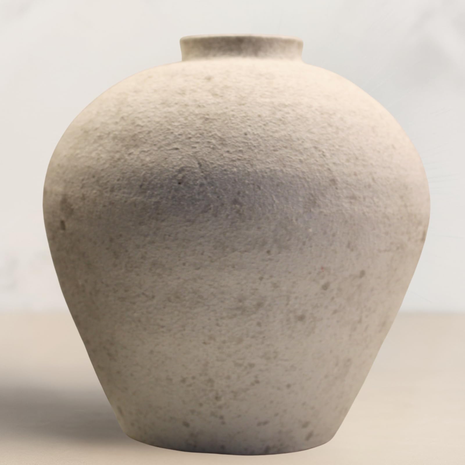 Handemade Large Round Vase for Centerpieces, White Rustic Vase Farmhouse Decor, Distressed Textured for Home Decorations, Earthy Room Decor Aesthetic, Stone Look Ceramic Clay Pottery, 9 inch