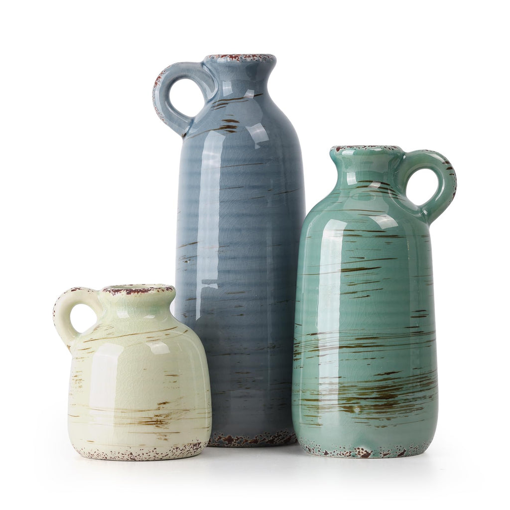 CUCUMI Ceramic Vase Set of 5, Home Decor Farmhouse Décor Handmade Pottery Vases for Pampas Grass, Dried Fresh Flowers, Table, Living Room, Kitchen, Shelf, Entryway Mantel Neutral Tones