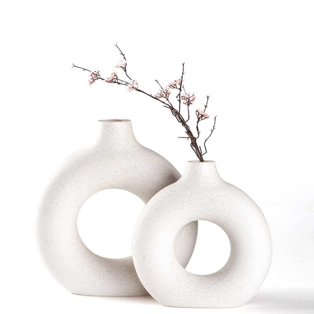 CEMABT Black Donut Vase Hollow Ceramic Vase for Flowers Handmade Minimalist Boho ins Style Modern Home Decor for Wedding Dinner Table Party Living Room Office Bedroom