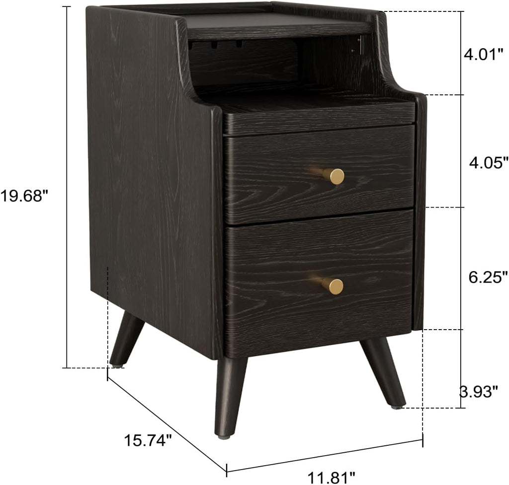 AQIMUELE Small Nightstand with Drawers, Solid Wood Bedside Table, Narrow Walnut Nightstand for Bedroom