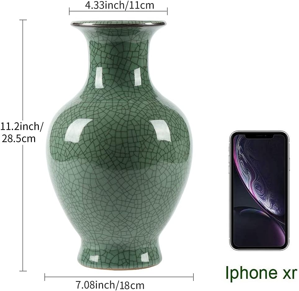 Chinese Ceramic Art Handmade Antique ice Crack Glaze vases Big China Porcelain Flower Bottle Vase for Home Decoration(Green)