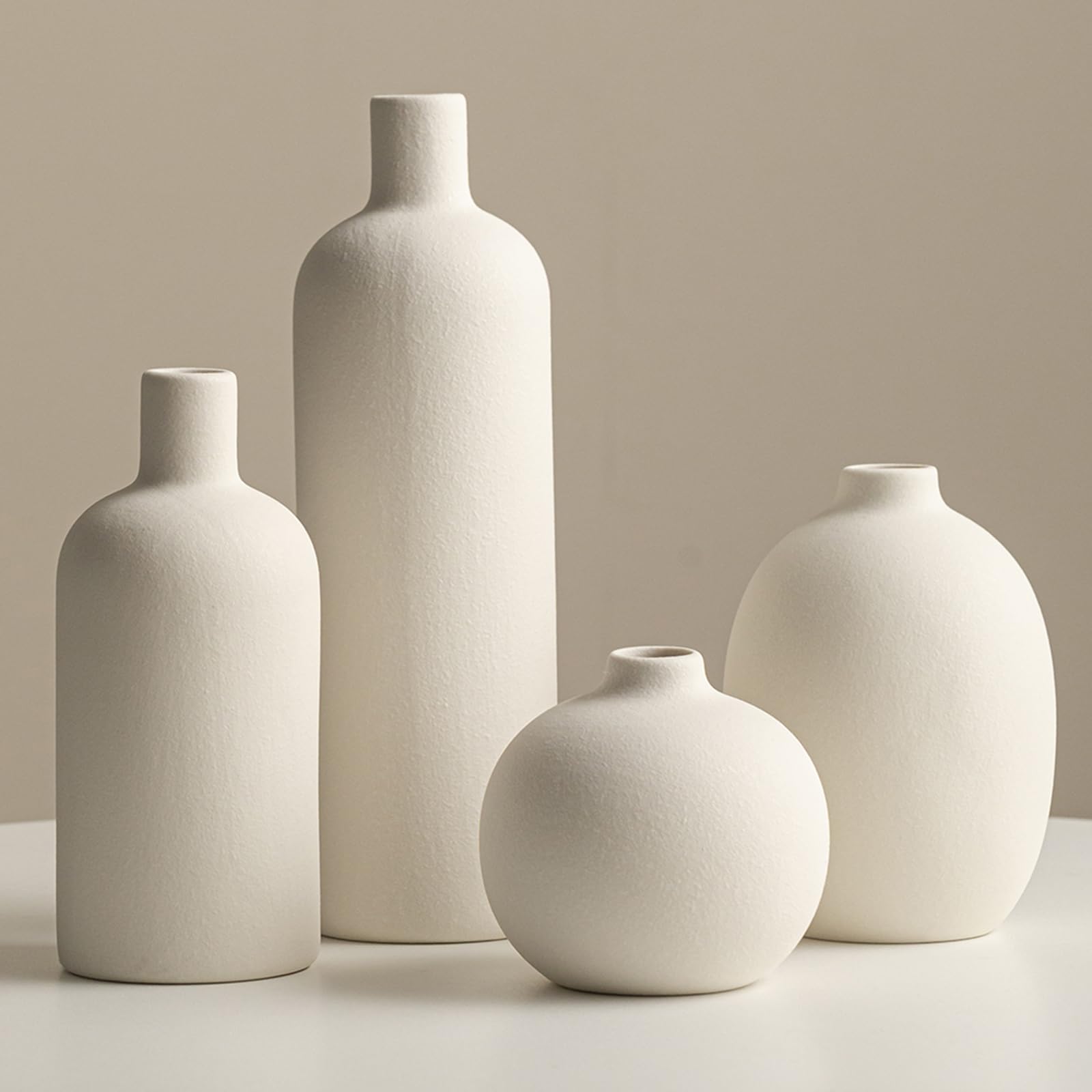 Modern Ceramic Vase Set, Neutral Colors, Decorative Vases for Home Decor, 4 Piece Collection (Beige)