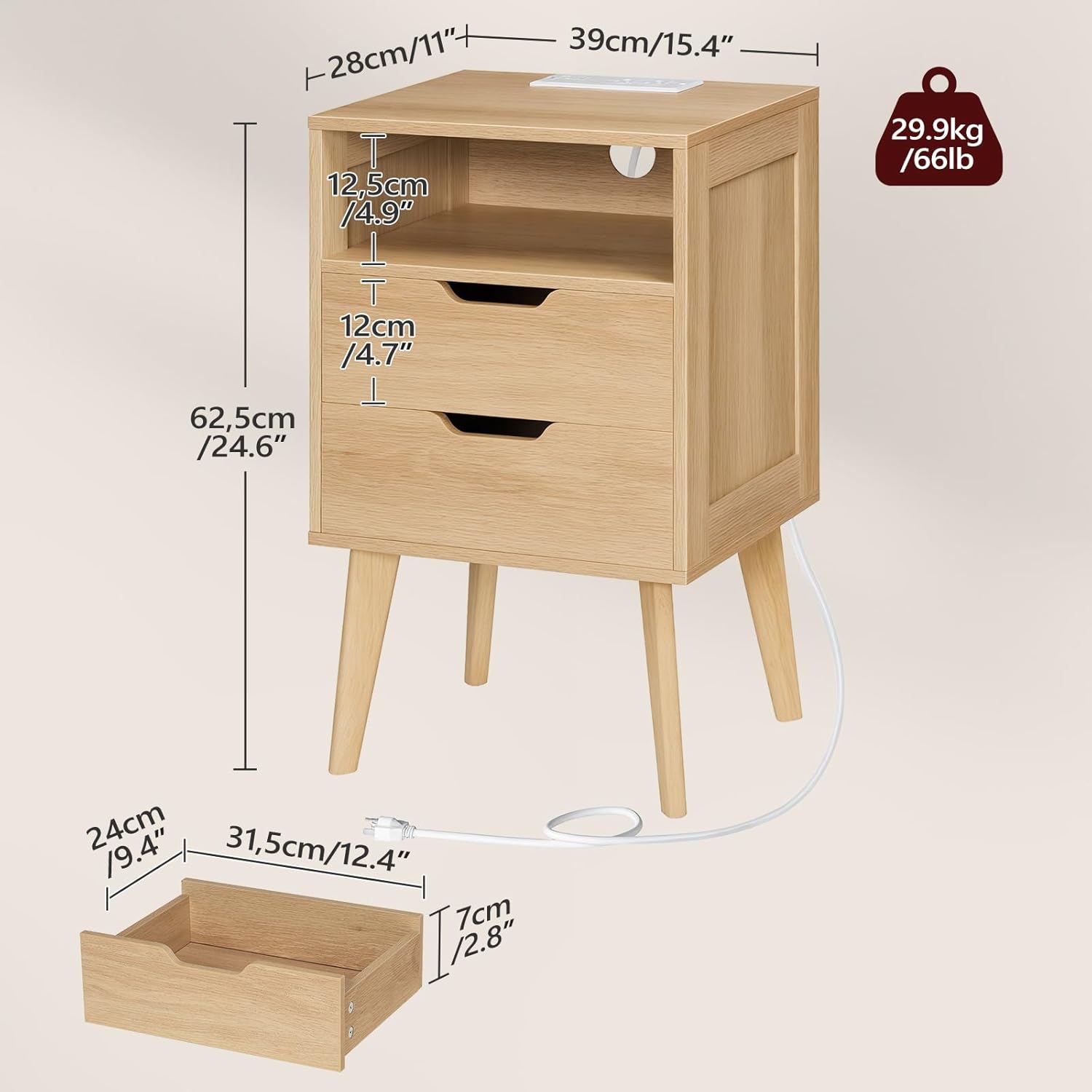 MAHANCRIS Natural Nightstand with Charging Station, Modern Bedside Table with 2 Storage Drawers, Open Storage, Night Stand with Solid Wood Legs, for Bedroom, End Side Table for Small Spaces, ETNA69E01