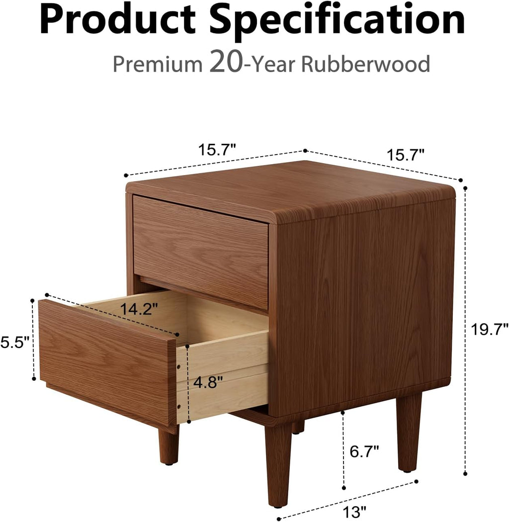 Solid Wood Nightstand, Walnut Nightstand with Drawers Mid Century Modern Night Stand,Wood Night Stands,Small Bedside Table for Bedroom, Dorm and Living Room, Walnut Bedside Table