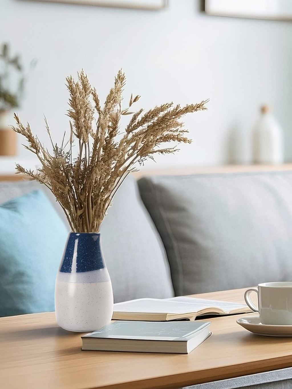 Ceramic Vase – 5.9” Tall Handmade Blue and White Glazed Pottery for Home Decor – Modern Asymmetrical Flower Vase for Living Room, Shelf, Table Centerpiece – 18oz / 500ml