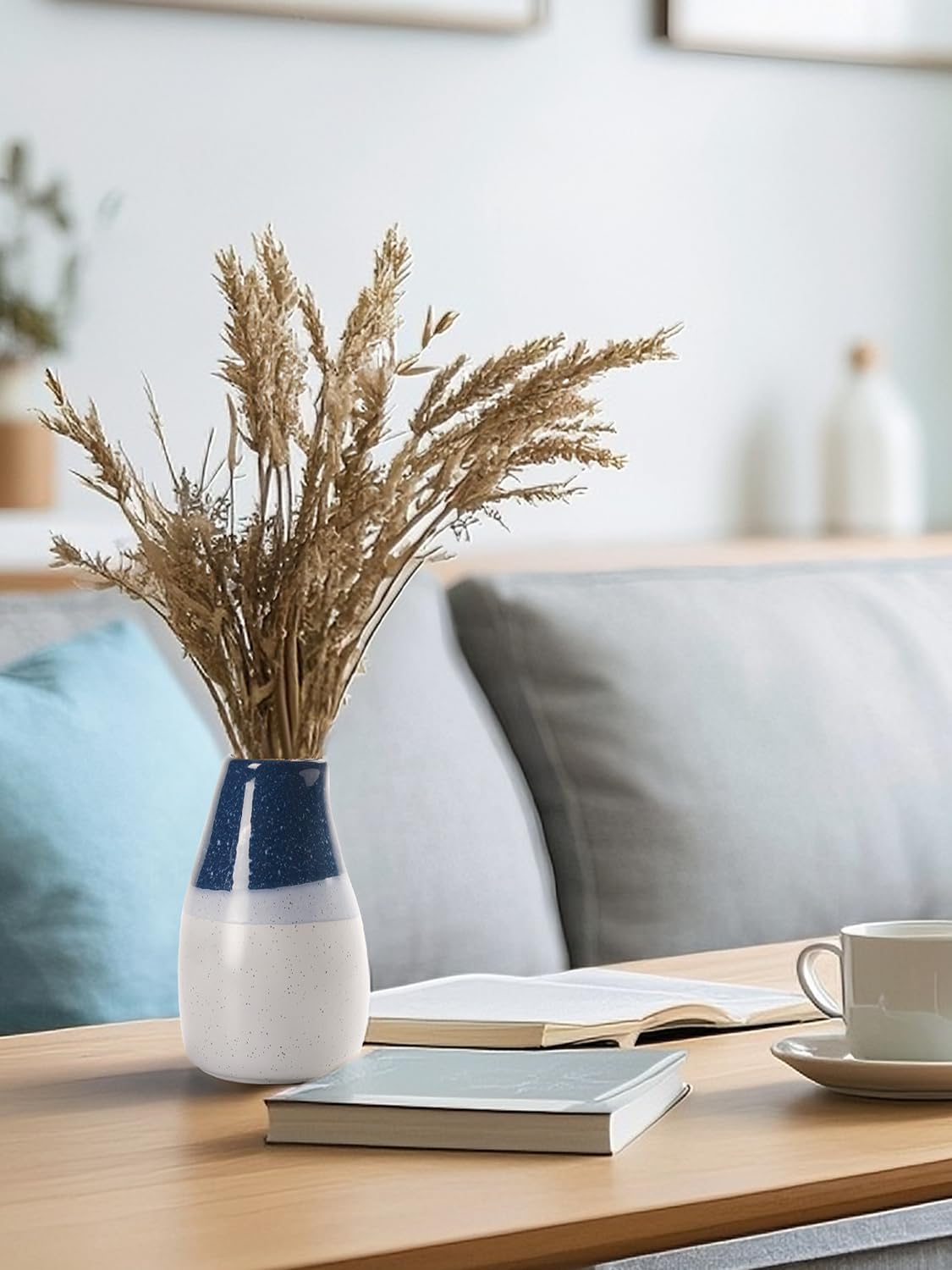 Ceramic Vase – 5.9” Tall Handmade Blue and White Glazed Pottery for Home Decor – Modern Asymmetrical Flower Vase for Living Room, Shelf, Table Centerpiece – 18oz / 500ml