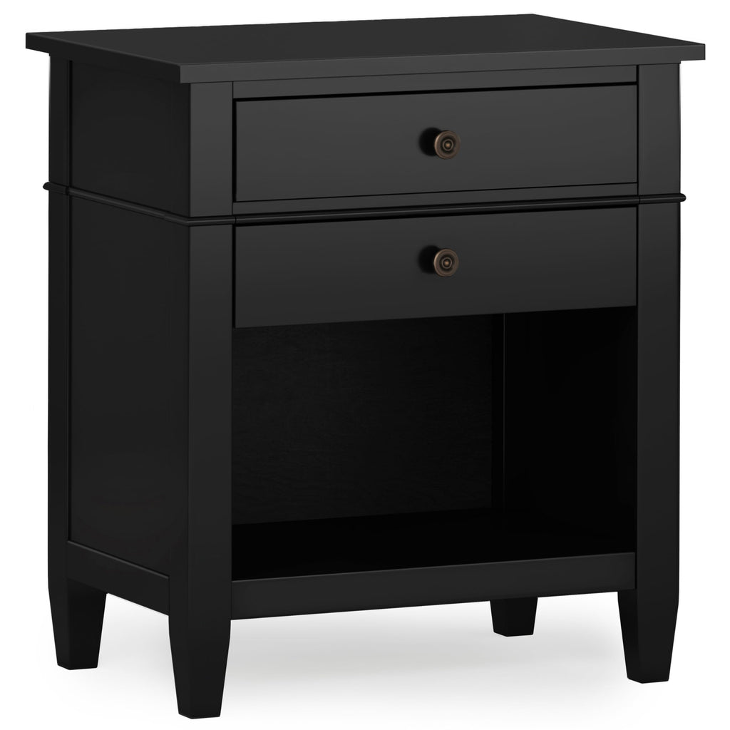 SIMPLIHOME Carlton Bedside Table - 24 inch Wide Solid Wood Nightstand Table in Rustic Natural Aged Brown, Transitional Bedroom Side or End Table with 2 Drawers, Open Storage Shelf and Bronze Hardware
