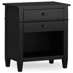SIMPLIHOME Carlton Bedside Table - 24 inch Wide Solid Wood Nightstand Table in Rustic Natural Aged Brown, Transitional Bedroom Side or End Table with 2 Drawers, Open Storage Shelf and Bronze Hardware