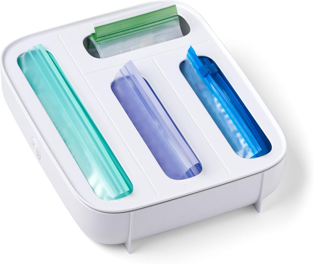 YouCopia StoraBag Drawer Food Bags Dispenser, 4-Slot, Plastic Sandwich Bag Organizer for Kitchen Storage, White