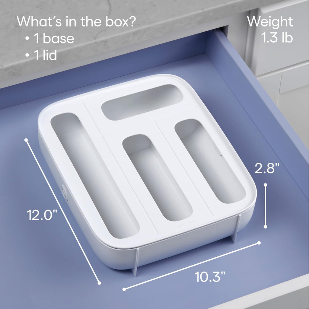 YouCopia StoraBag Drawer Food Bags Dispenser, 4-Slot, Plastic Sandwich Bag Organizer for Kitchen Storage, White