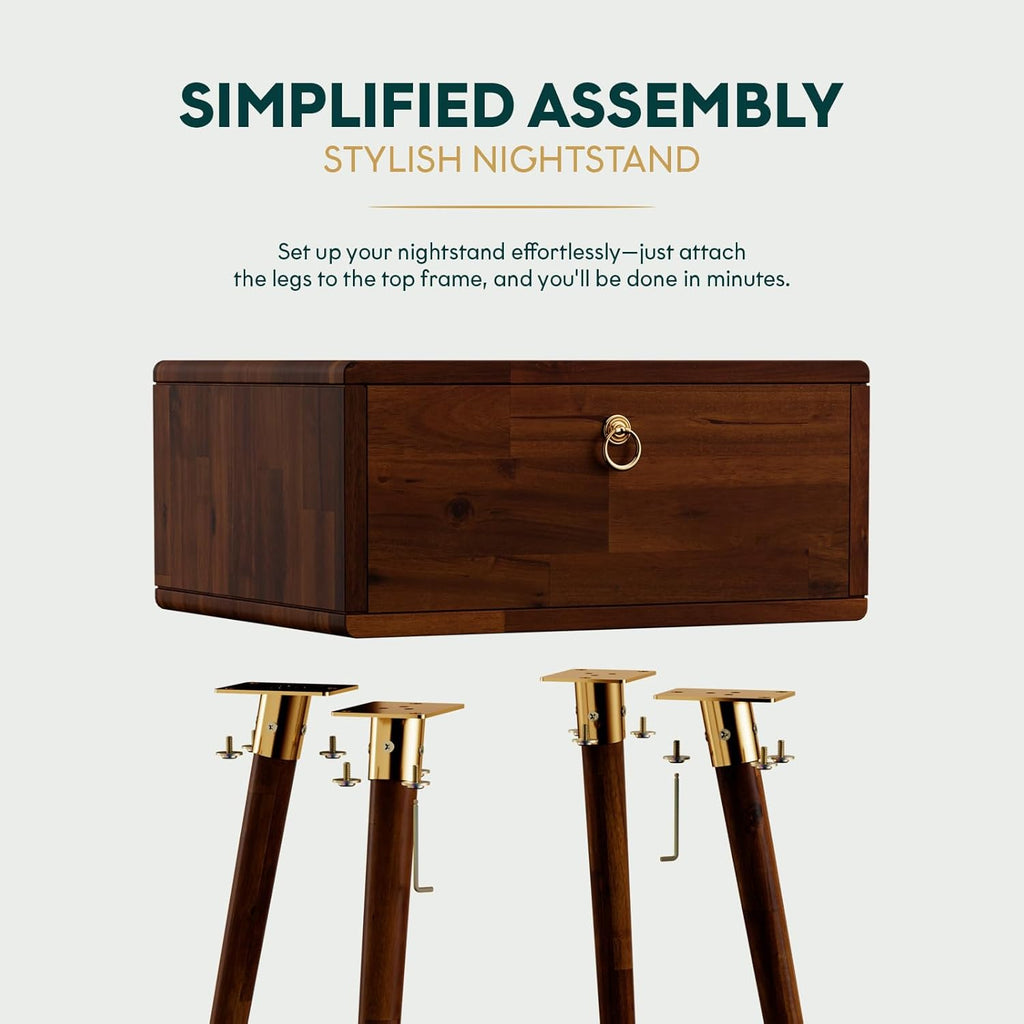 Bme Alden Solid Wood Nightstand/Side Table/End Table, Fully Assembled, with 1-Drawer for Mid Century Bedroom and Living Room, (12mm), Dark Chocolate