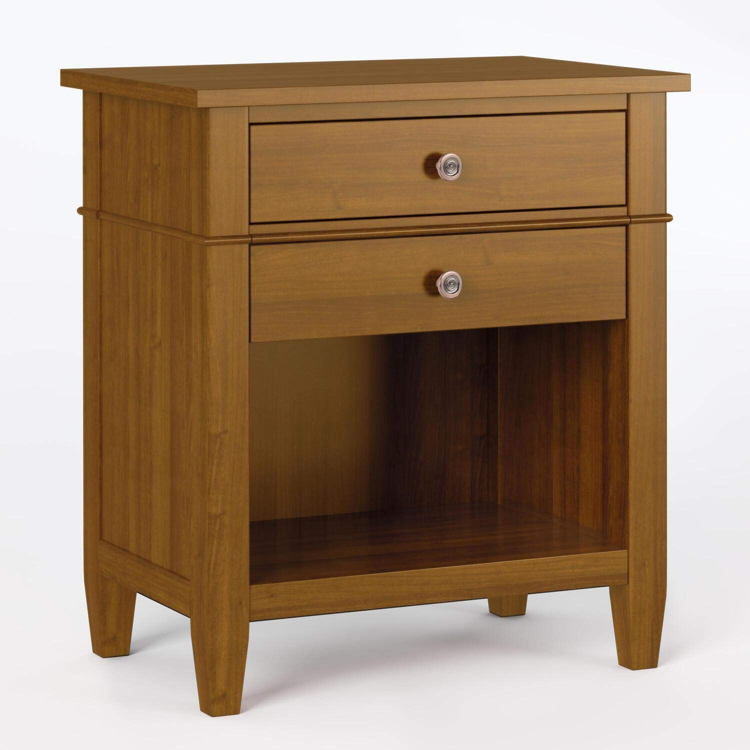 SIMPLIHOME Carlton Bedside Table - 24 inch Wide Solid Wood Nightstand Table in Rustic Natural Aged Brown, Transitional Bedroom Side or End Table with 2 Drawers, Open Storage Shelf and Bronze Hardware