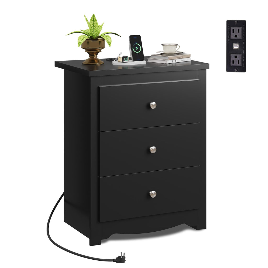 WLIVE Tall Nightstand with Charging Station, Wood Night Stand with 3 Drawers Storage, Bedside Table End Side Tables with 2 USB Ports and Outlets for Bedroom, Closet, Espresso
