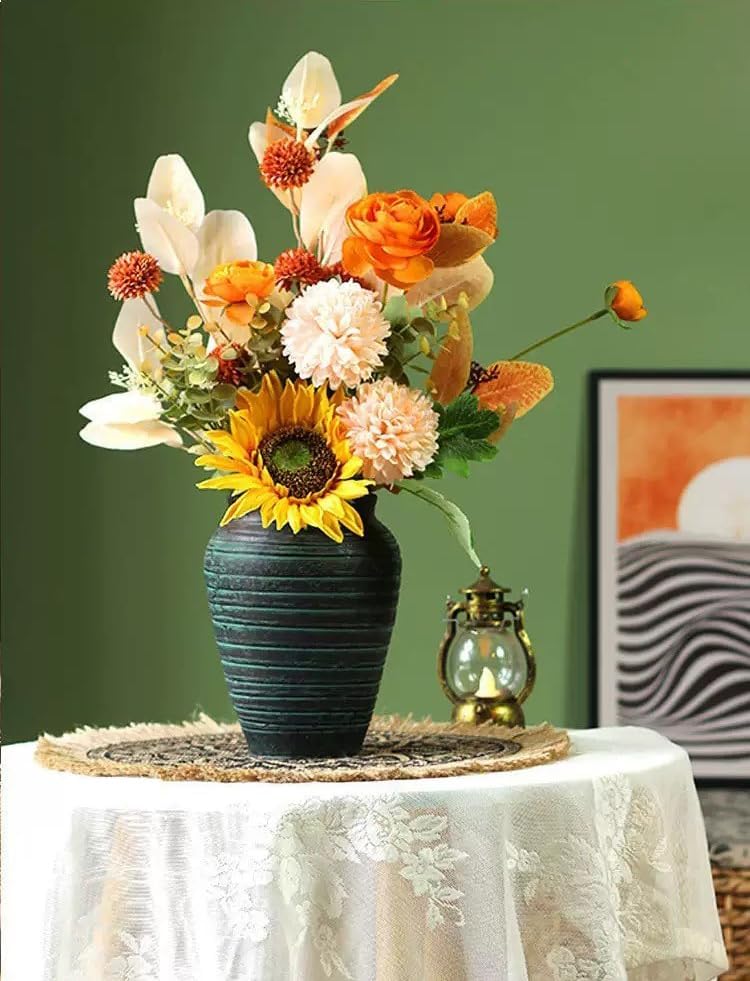 Handmade Rustic Ceramic Flower Vase, Classic Farmhouse Vases for Home Living Room Bedroom Office Table Kitchen Shelf Decor (Green)