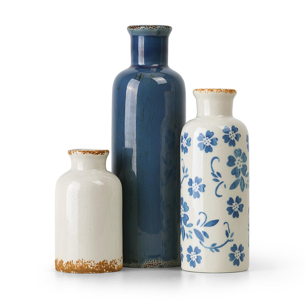 CUCUMI Ceramic Vase Set of 5, Home Decor Farmhouse Décor Handmade Pottery Vases for Pampas Grass, Dried Fresh Flowers, Table, Living Room, Kitchen, Shelf, Entryway Mantel Neutral Tones