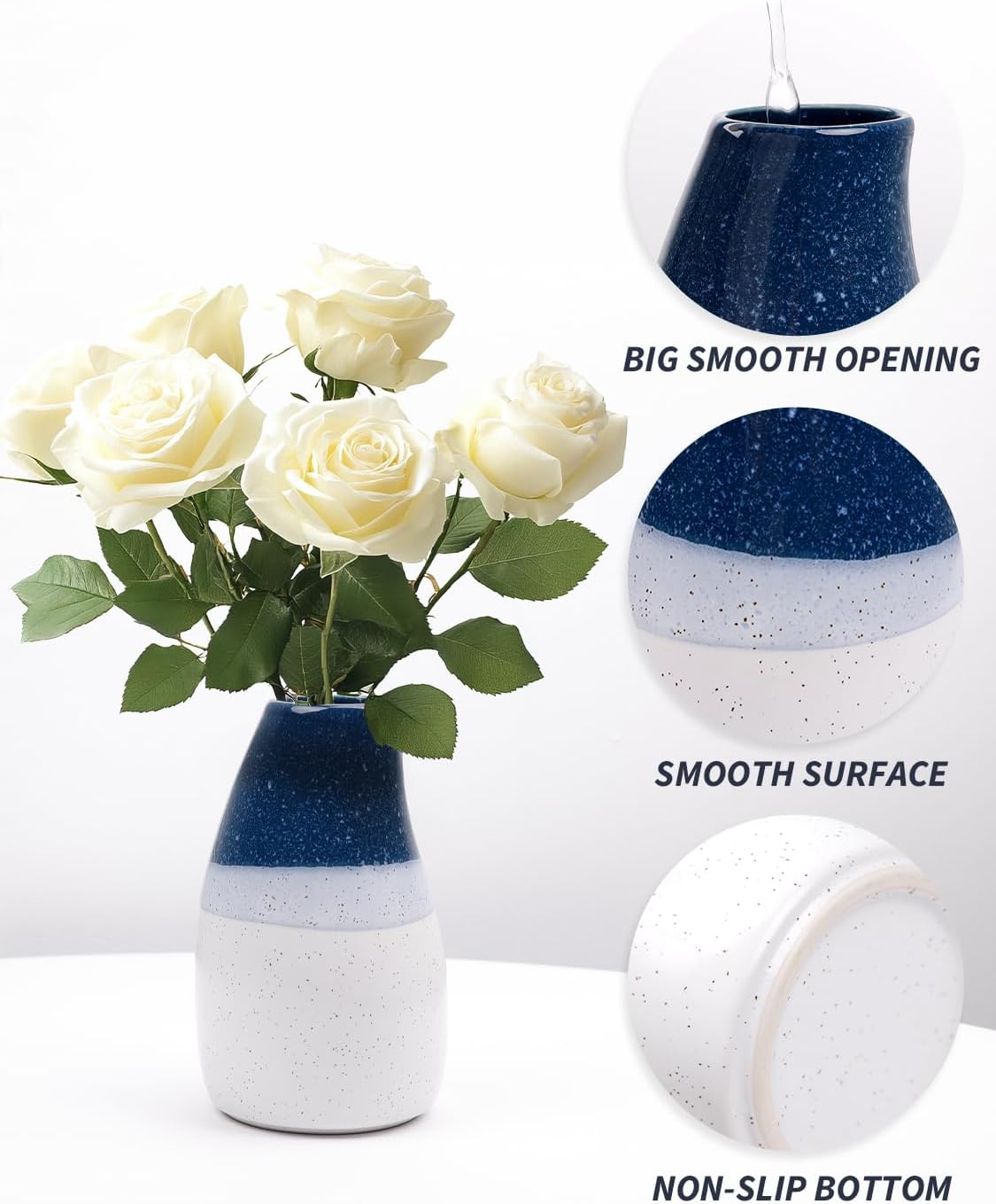Ceramic Vase – 5.9” Tall Handmade Blue and White Glazed Pottery for Home Decor – Modern Asymmetrical Flower Vase for Living Room, Shelf, Table Centerpiece – 18oz / 500ml