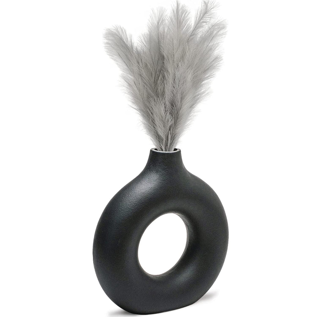 CEMABT Black Donut Vase Hollow Ceramic Vase for Flowers Handmade Minimalist Boho ins Style Modern Home Decor for Wedding Dinner Table Party Living Room Office Bedroom（M