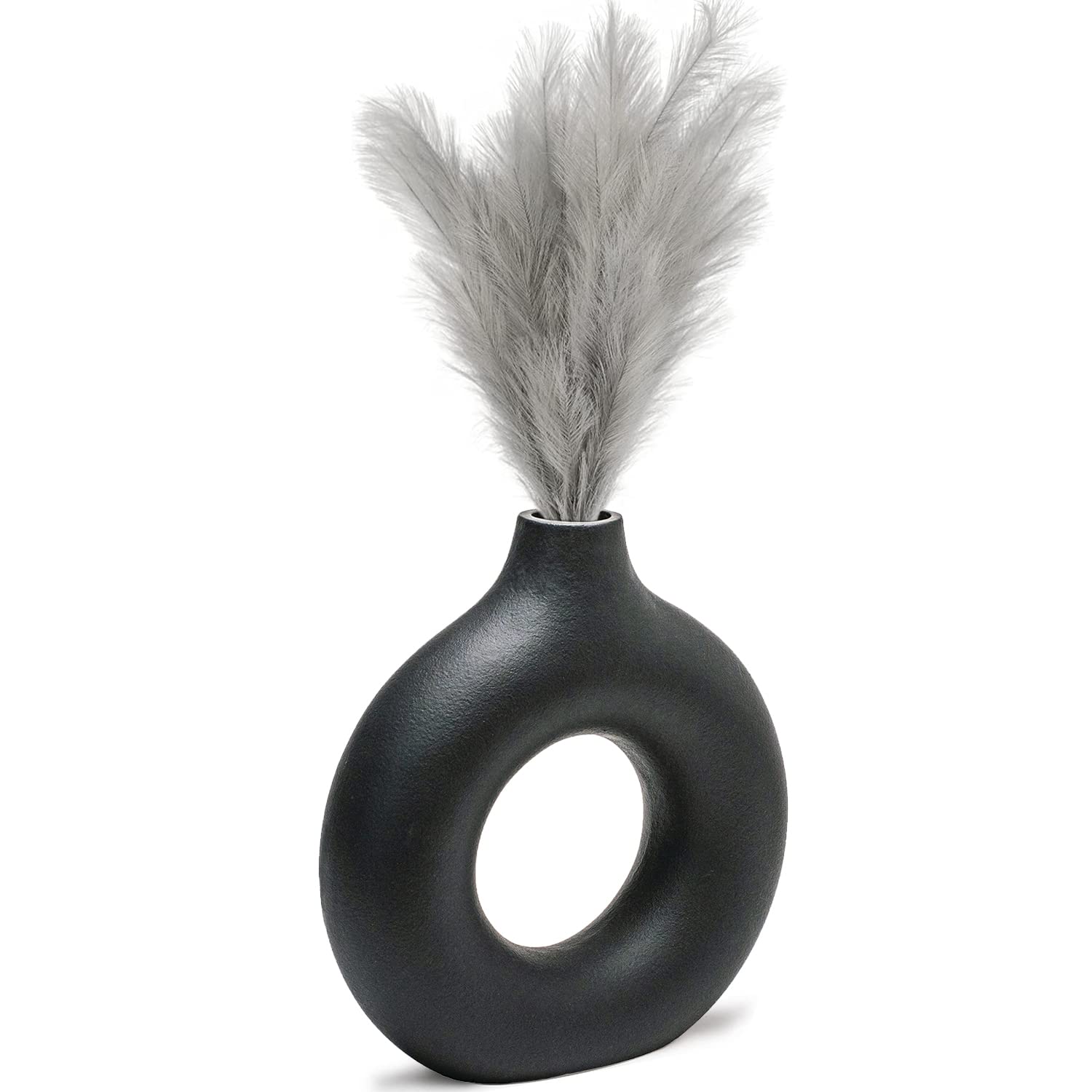 CEMABT Black Donut Vase Hollow Ceramic Vase for Flowers Handmade Minimalist Boho ins Style Modern Home Decor for Wedding Dinner Table Party Living Room Office Bedroom