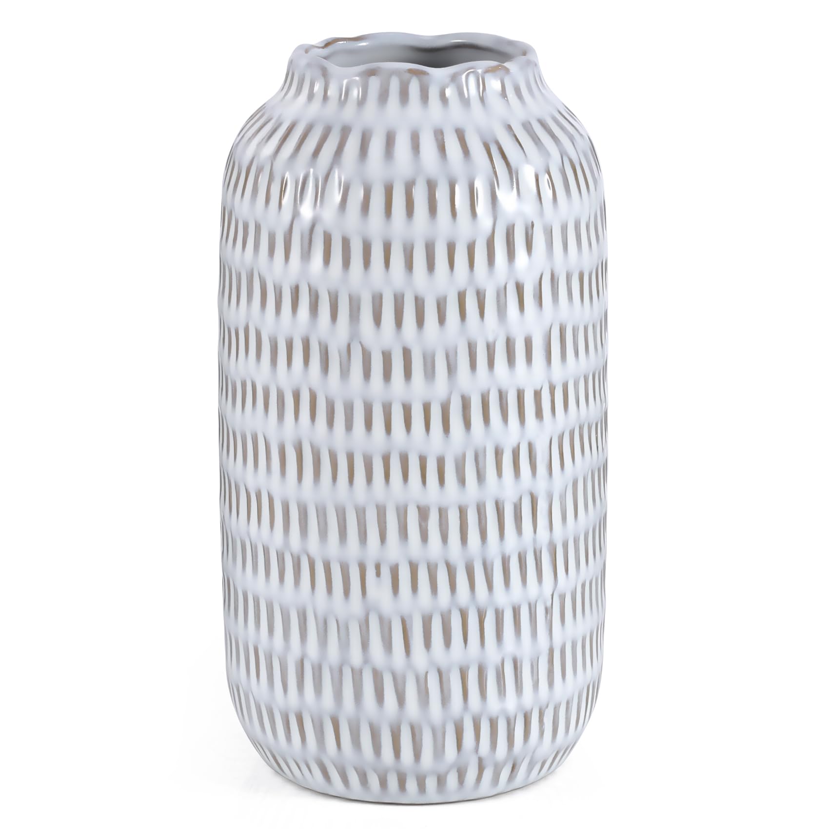 Ceramic Vase for Flowers – Modern Small Ribbed Textured Flower Vase for Home Decor, Pampas Grass, Decorative, Farmhouse, Coffee Table, Kitchen Centerpieces, Bookshelf and Home Living (White)