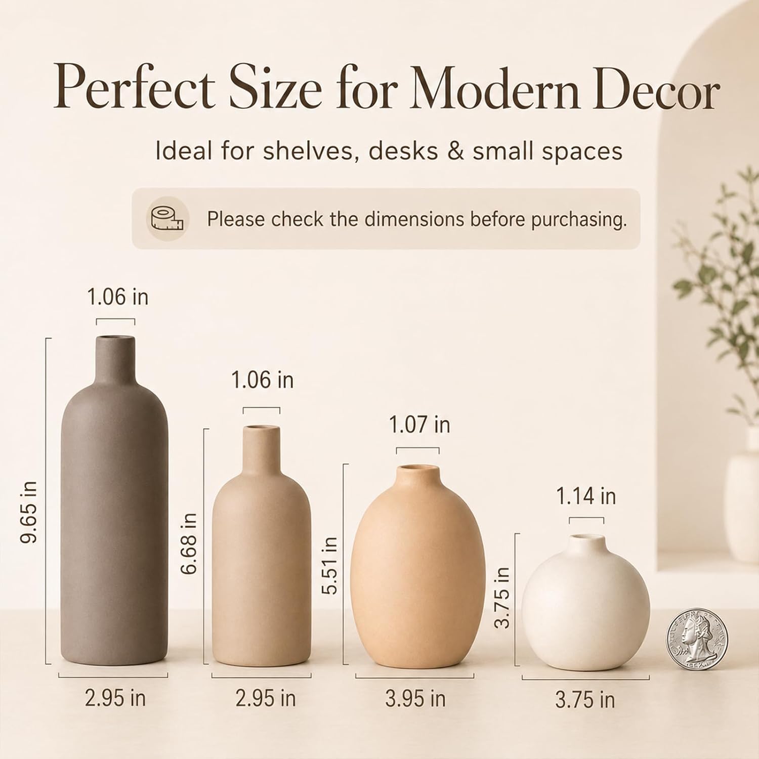 Ceramic Vase Set of 4 – Handmade Modern Minimalist Vases for Dried or Fresh Flowers, Matte Decorative Neutral Vases for Living Room, Table, Shelf & Entryway