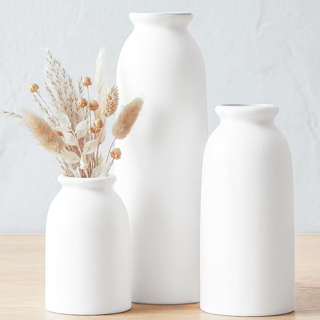 CUCUMI Ceramic Vase Set of 5, Home Decor Farmhouse Décor Handmade Pottery Vases for Pampas Grass, Dried Fresh Flowers, Table, Living Room, Kitchen, Shelf, Entryway Mantel Neutral Tones