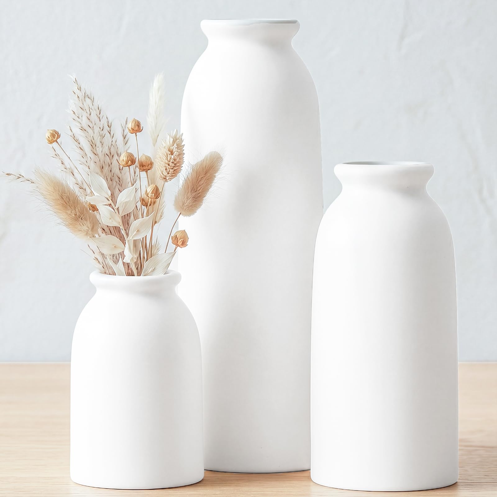 CUCUMI Ceramic Vase Set of 5, Home Decor Farmhouse Décor Handmade Pottery Vases for Pampas Grass, Dried Fresh Flowers, Table, Living Room, Kitchen, Shelf, Entryway Mantel Neutral Tones
