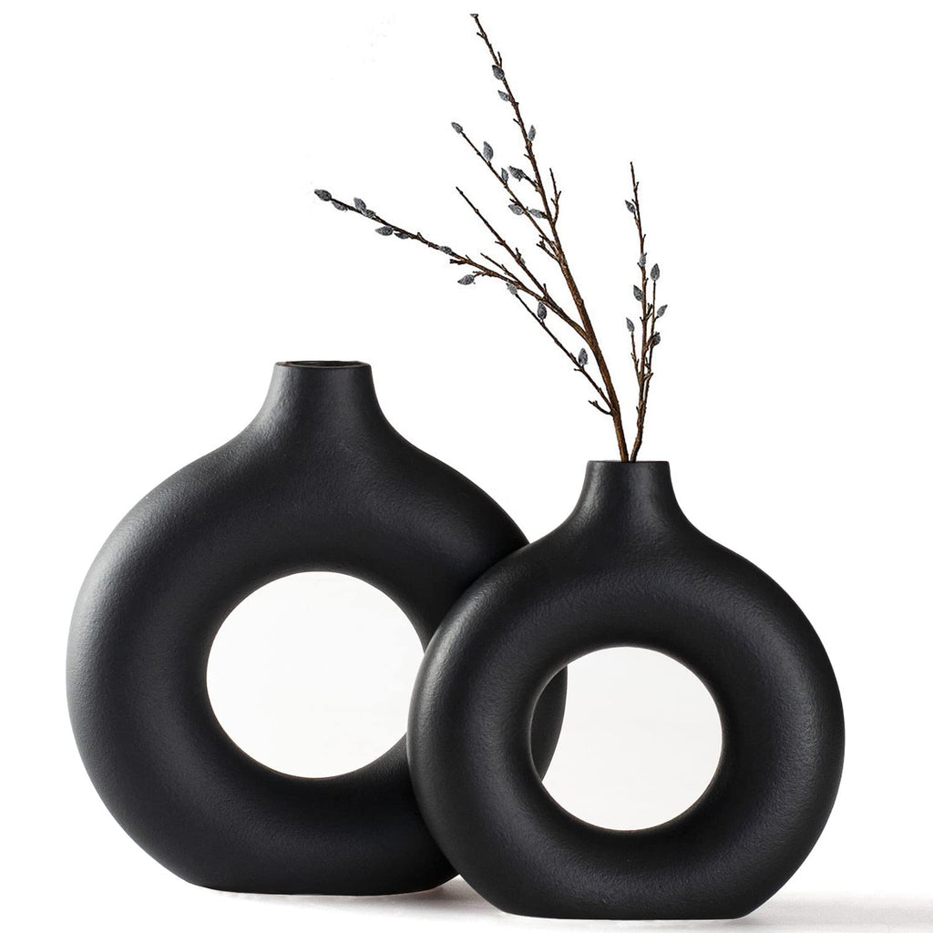 CEMABT Black Donut Vase Hollow Ceramic Vase for Flowers Handmade Minimalist Boho ins Style Modern Home Decor for Wedding Dinner Table Party Living Room Office Bedroom（M