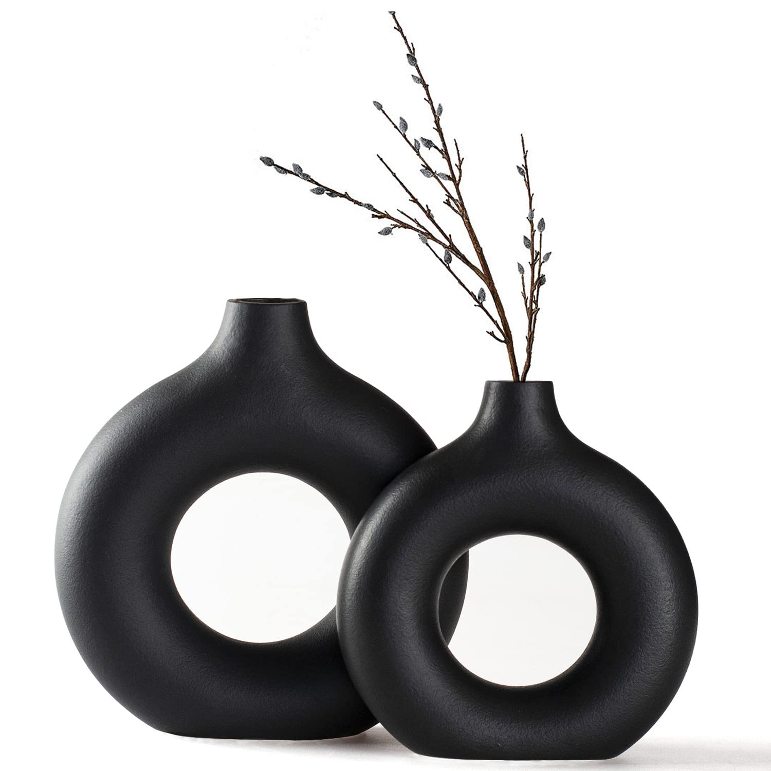 CEMABT Black Donut Vase Hollow Ceramic Vase for Flowers Handmade Minimalist Boho ins Style Modern Home Decor for Wedding Dinner Table Party Living Room Office Bedroom（M
