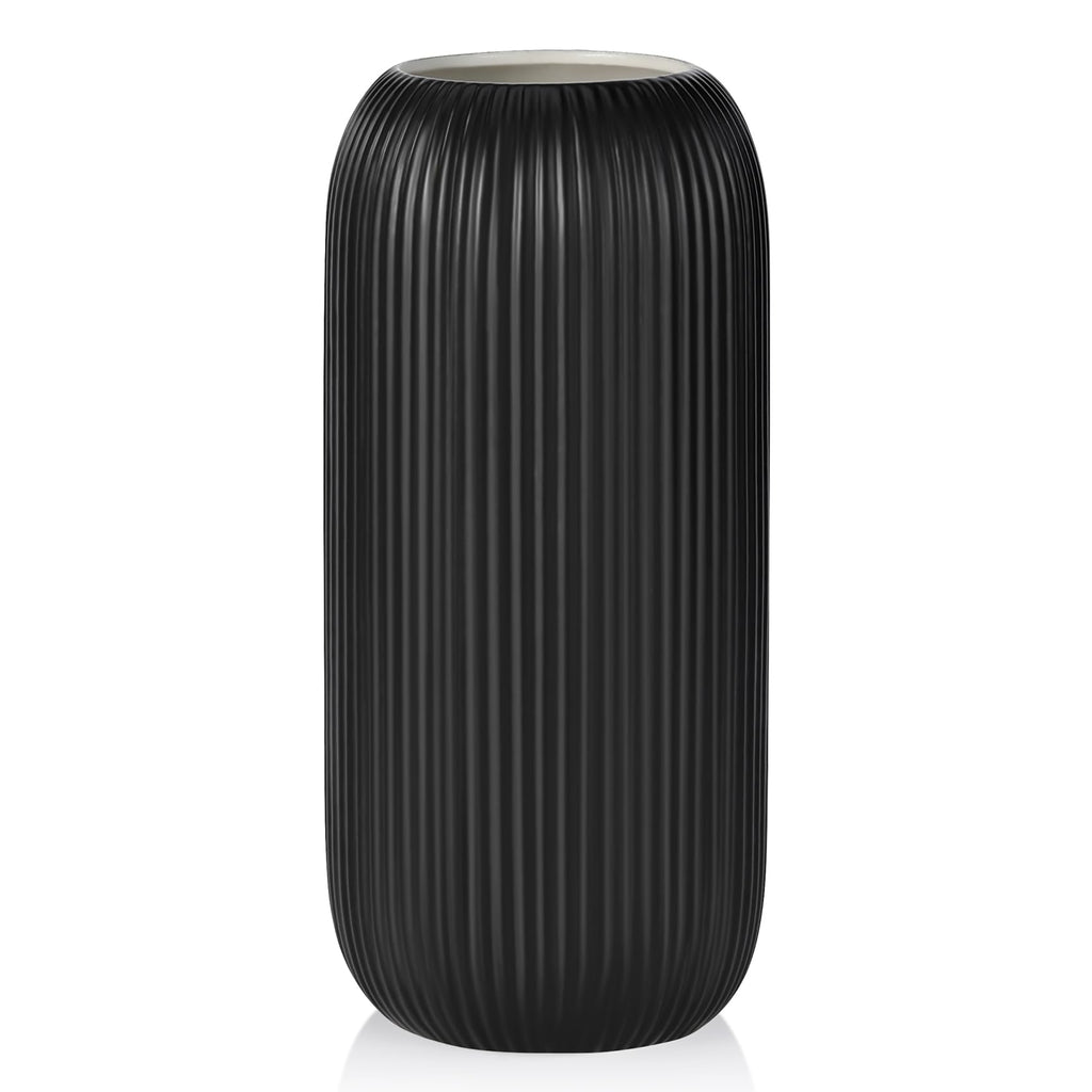 Ceramic Vase for Flowers – Modern Small Ribbed Textured Flower Vase for Home Decor, Pampas Grass, Decorative, Farmhouse, Coffee Table, Kitchen Centerpieces, Bookshelf and Home Living (White)