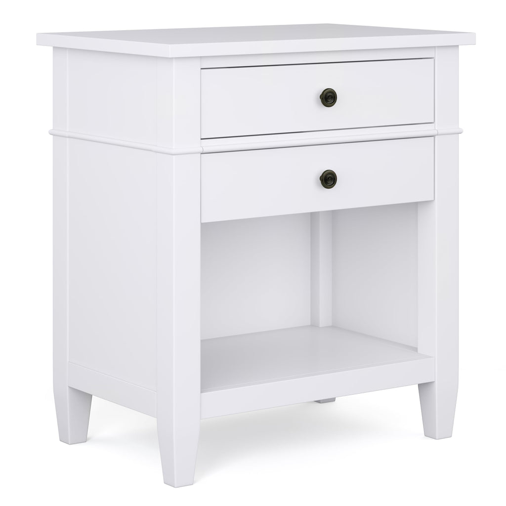SIMPLIHOME Carlton Bedside Table - 24 inch Wide Solid Wood Nightstand Table in Rustic Natural Aged Brown, Transitional Bedroom Side or End Table with 2 Drawers, Open Storage Shelf and Bronze Hardware