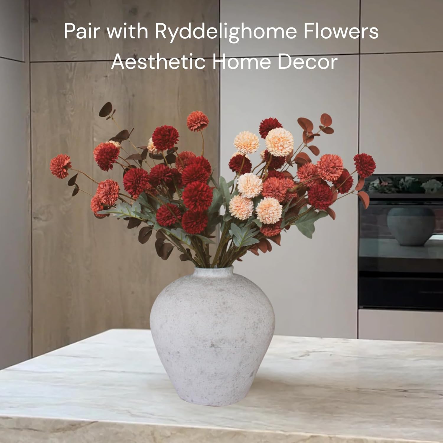 Handemade Large Round Vase for Centerpieces, White Rustic Vase Farmhouse Decor, Distressed Textured for Home Decorations, Earthy Room Decor Aesthetic, Stone Look Ceramic Clay Pottery, 9 inch