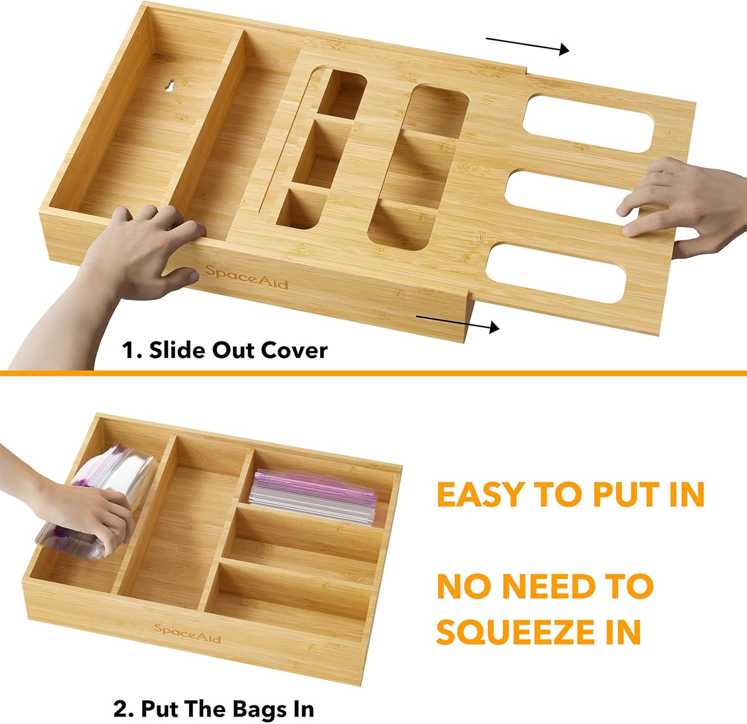 SpaceAid Bag Storage Organizer for Kitchen Drawer, Bamboo Organizer, Compatible with Gallon, Quart, Sandwich and Snack Variety Size Bag (1 Box 5 Slots)