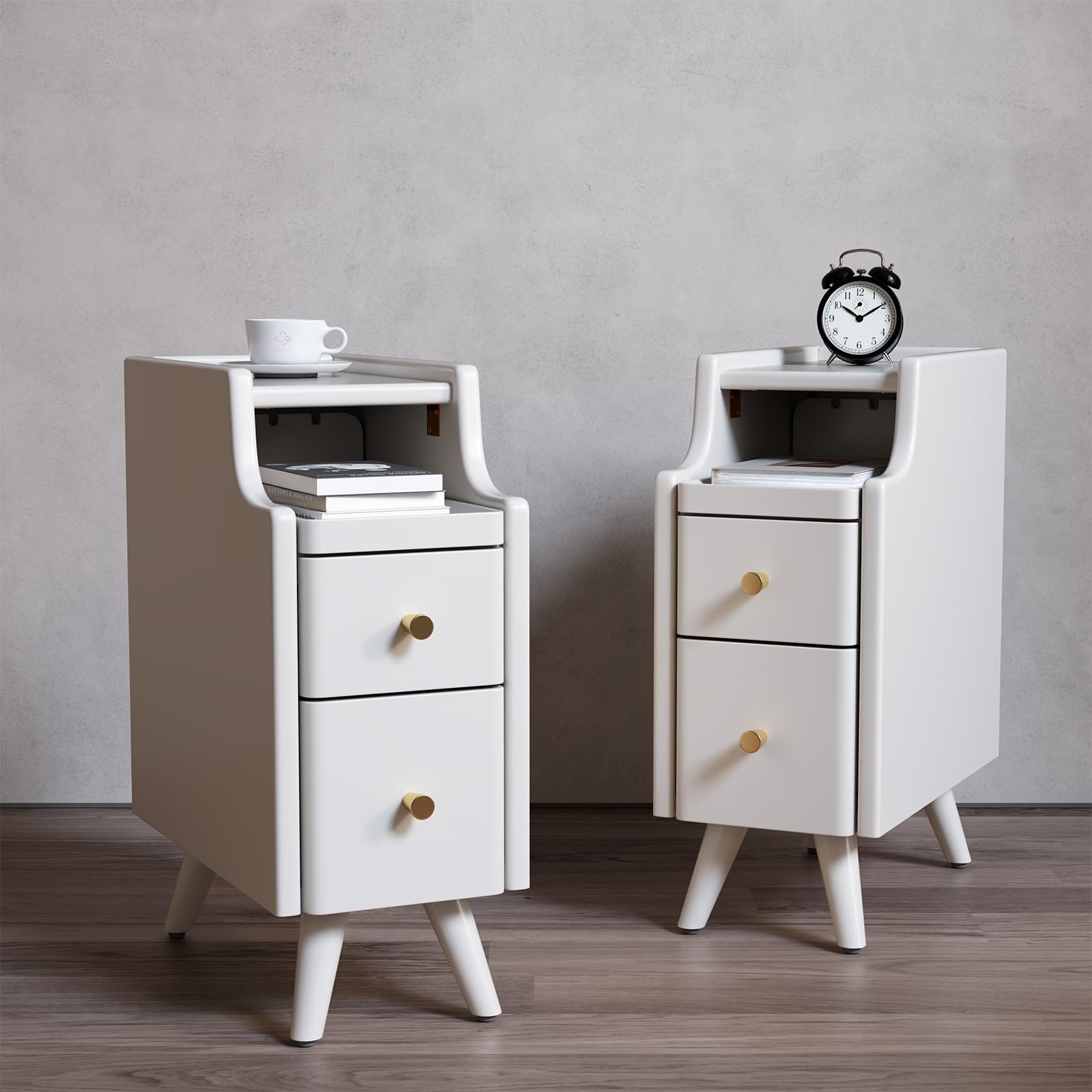 AQIMUELE Small Nightstand with Drawers, Solid Wood Bedside Table, Narrow Walnut Nightstand for Bedroom