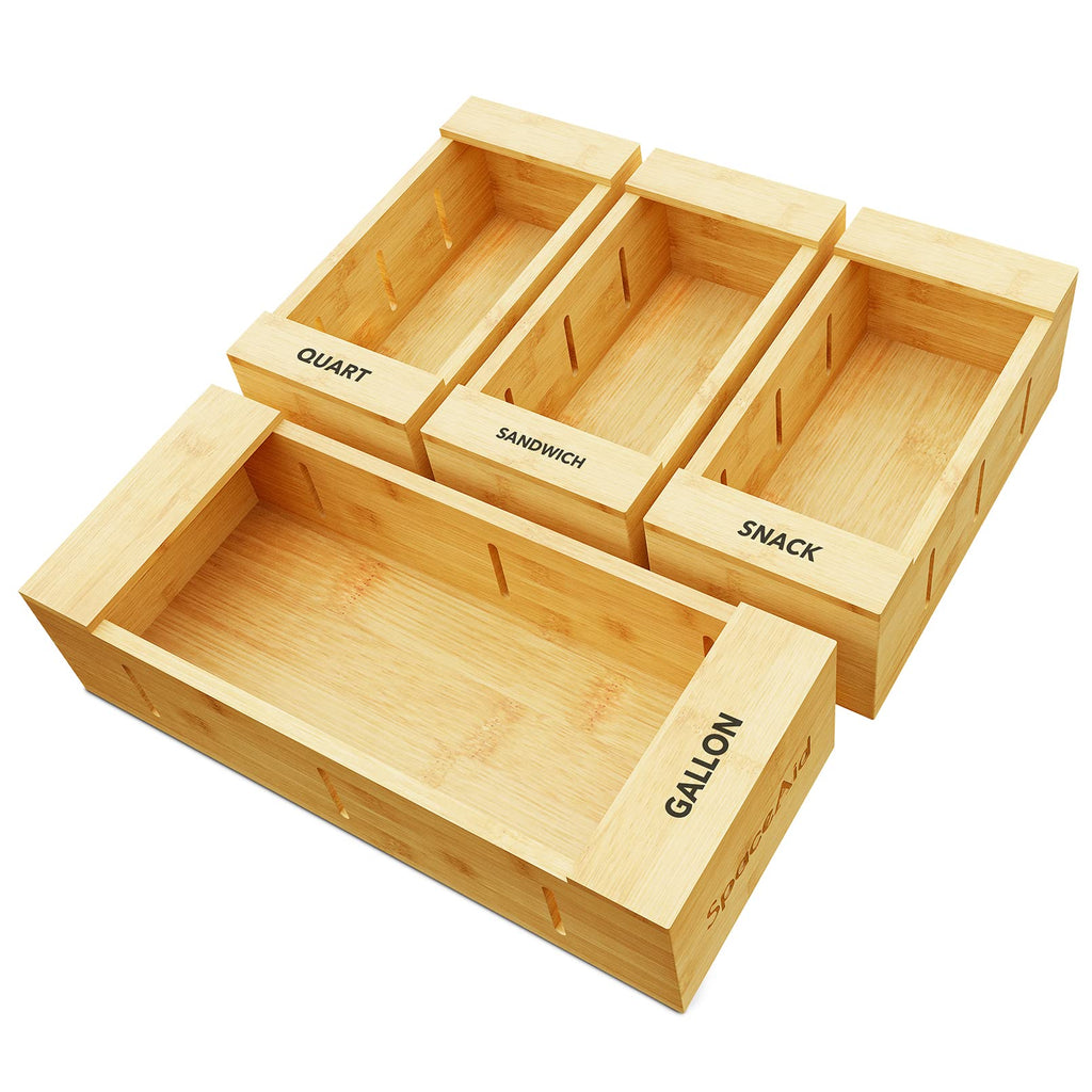 SpaceAid Bag Storage Organizer for Kitchen Drawer, Bamboo Organizer, Compatible with Gallon, Quart, Sandwich and Snack Variety Size Bag (4 Pack)