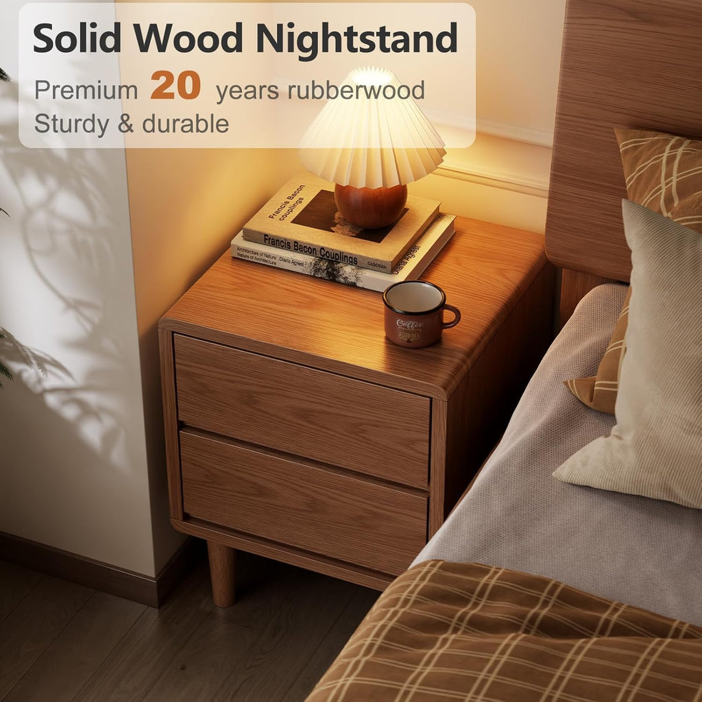 Solid Wood Nightstand, Walnut Nightstand with Drawers Mid Century Modern Night Stand,Wood Night Stands,Small Bedside Table for Bedroom, Dorm and Living Room, Walnut Bedside Table
