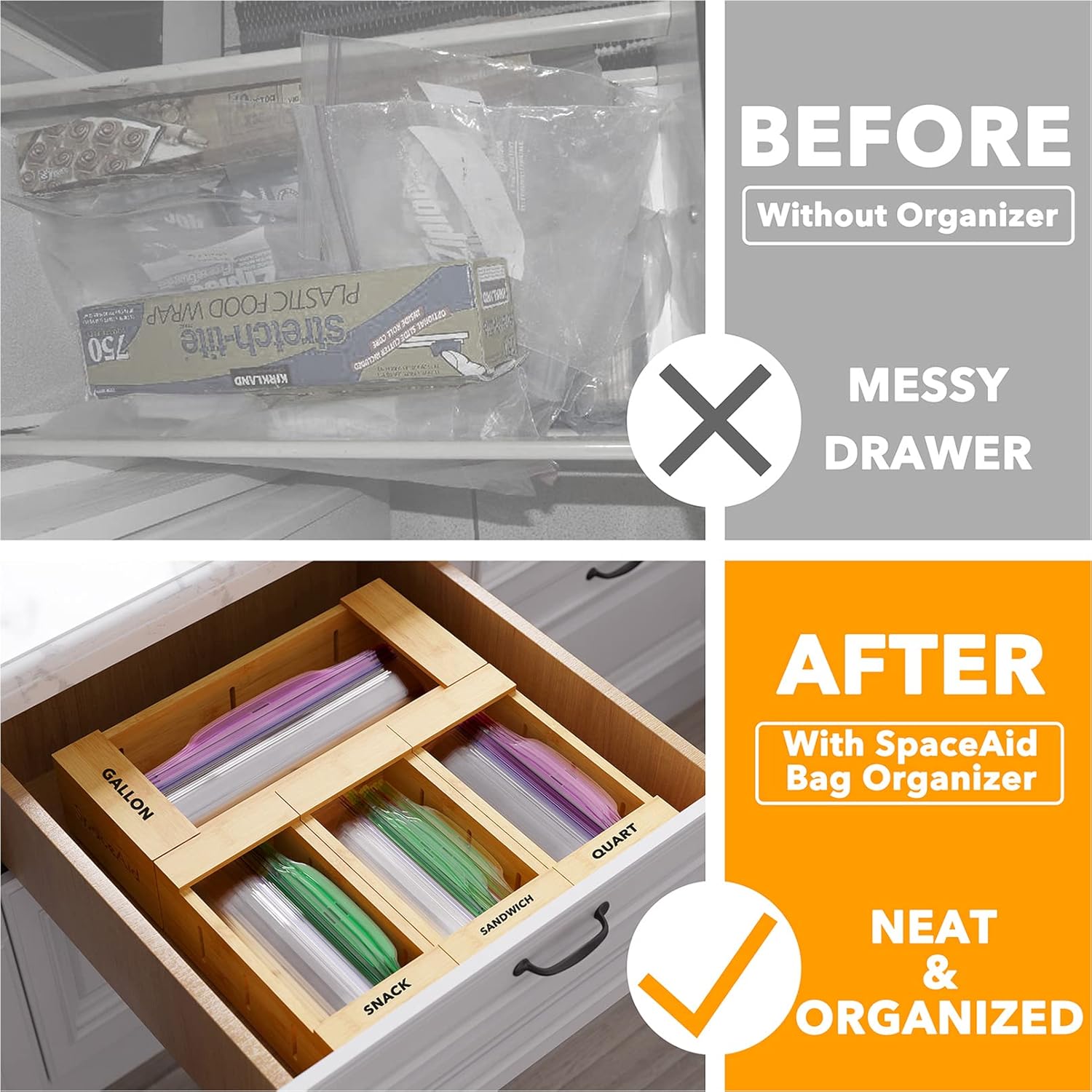 SpaceAid Bag Storage Organizer for Kitchen Drawer, Bamboo Organizer, Compatible with Gallon, Quart, Sandwich and Snack Variety Size Bag (4 Pack)