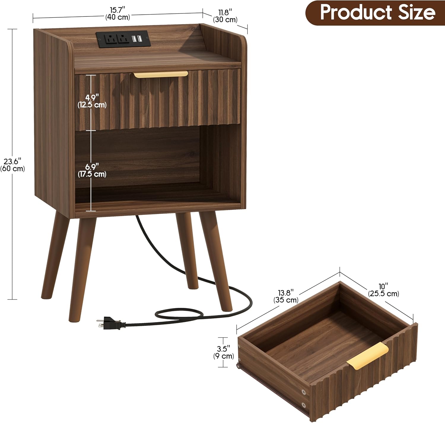 Nightstand, Fluted Night Stand with Charging Station, Small Bedside Table with Drawer&Open Storage, Solid Wood Legs, End Table for Bedroom, Walnut