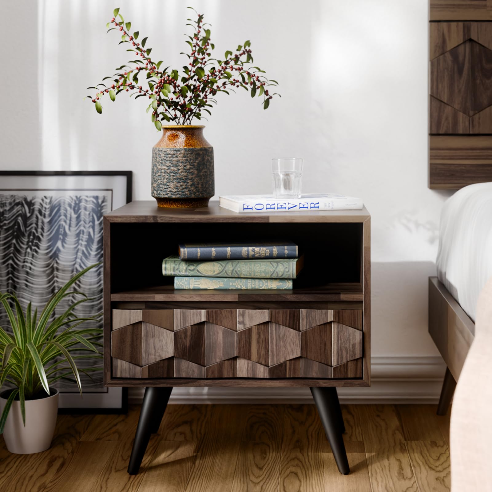 Bme Georgina Solid Wood Nightstand With 1 Drawer & Open Shelf- Fully Assembled Mid Century Modern Side Table - Geometric Pattern Bedside Dresser for Bedroom and Living Room